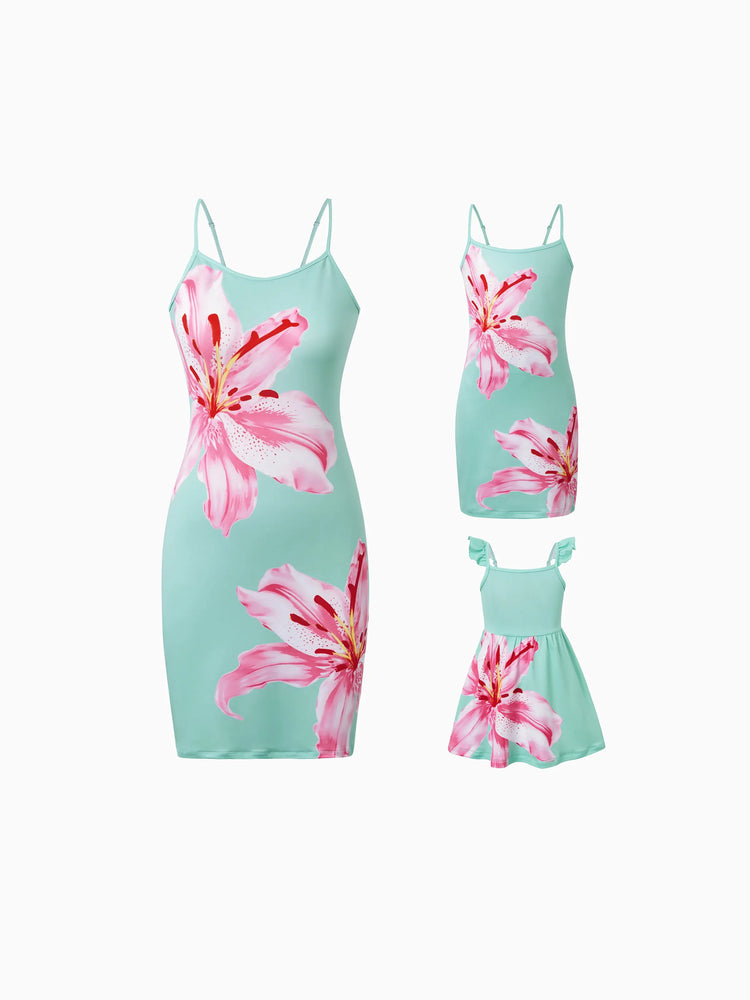 Toddler/Kid Girl Casual Flower Print Sleeveless Strappy Dresses  Light Green