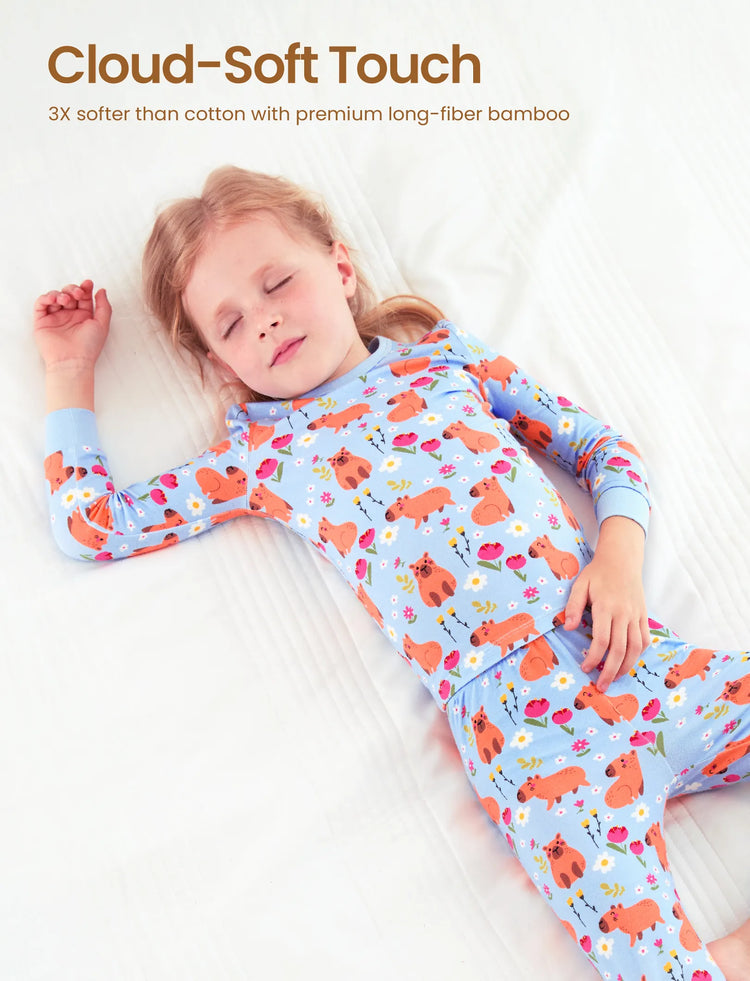 Pyjama de Noël/Halloween 2 pièces en bambou avec imprimé enfantin pour bébé/enfant (coupe ajustée) bleu