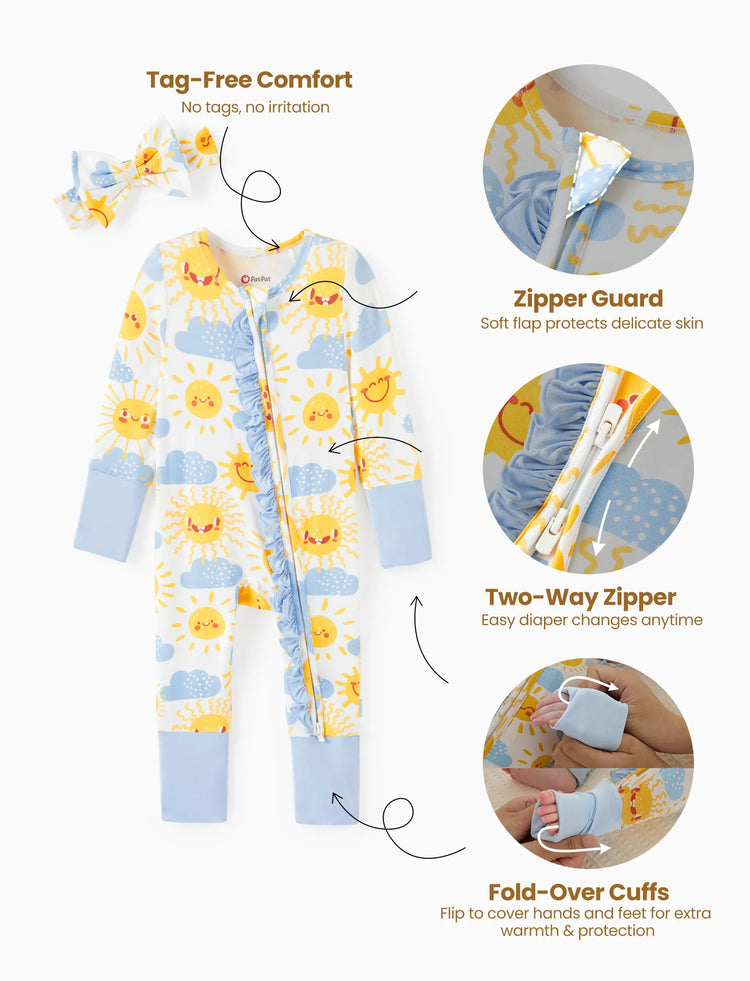 Bamboo Baby Boy/Girl Animal Printed 2-Way Zipper Anti Slip Long-sleeve Footie with Hairband Light Blue