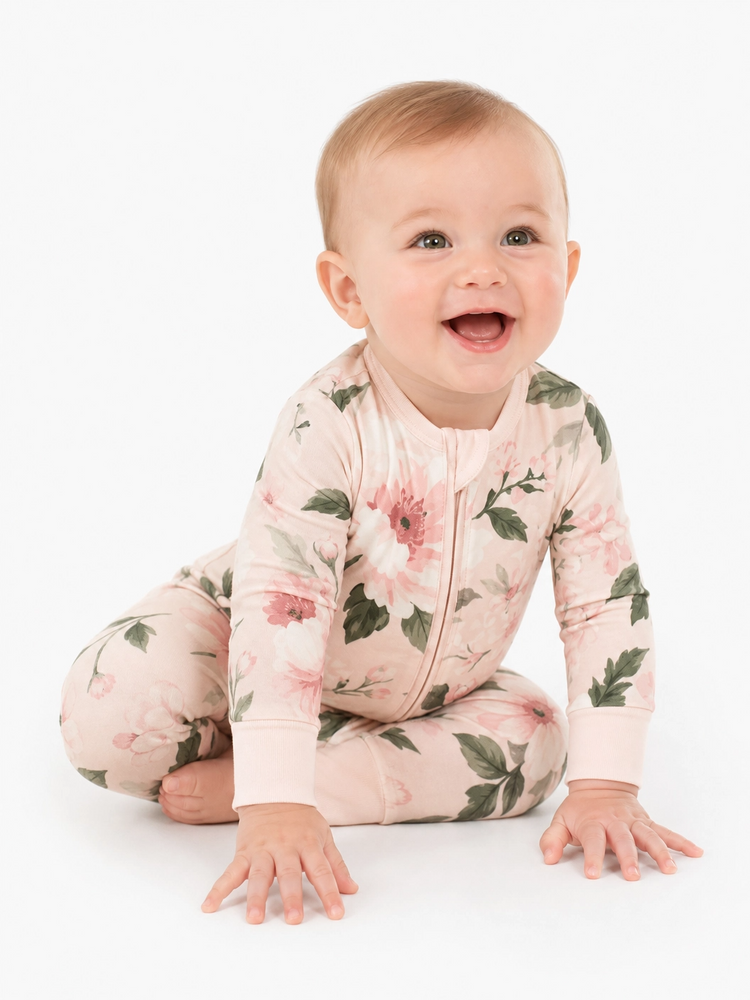 Pijama sin pies ajustado con cremallera y mezcla floral neutral de bambú para bebé Rosa claro