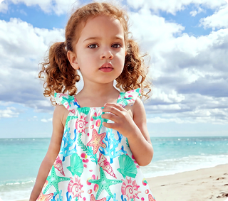 Ocean Vibes Baby Girl Tropical island Leaf Print Dress White