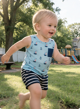 Ocean Vibes Baby Boy Sailboat Print Shorts Set Dark Blue
