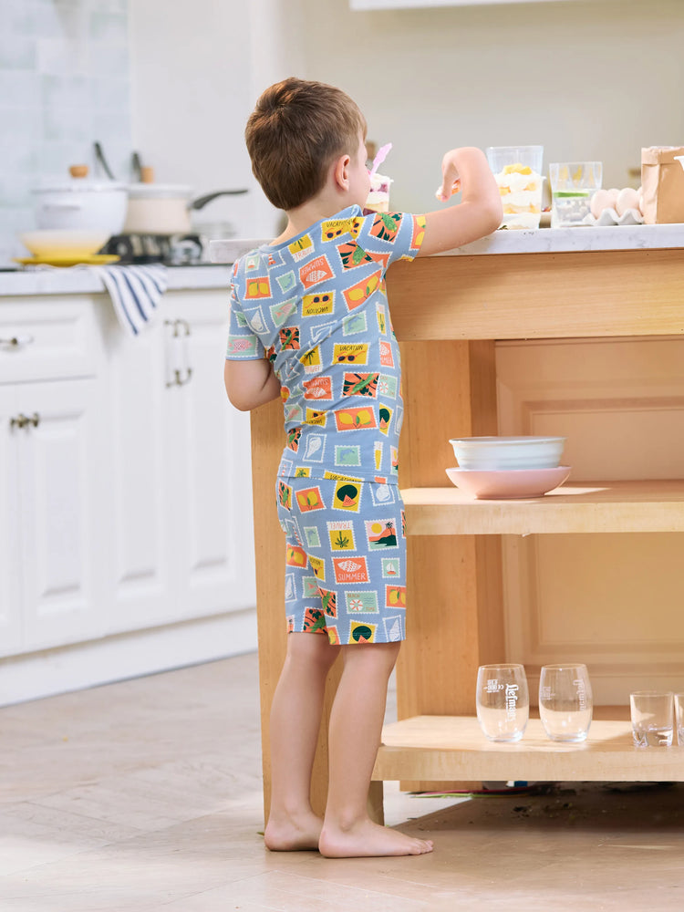 Pijamas familiares de bambú para mamá y niña con estampado de tema vacacional, pijama de manga corta a juego (ajustado para niños) Bloque de color