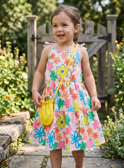 Fresh Market Toddler Girl Graffiti Floral Tiered Dress with Bag Blue+Yellow