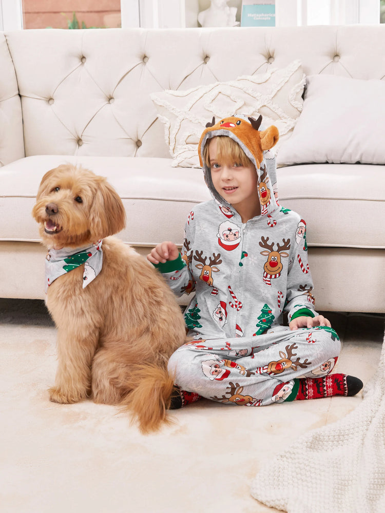 Grey Christmas Pajamas 3D Reindeer Pattern Zipper Onesies Matching Family Outfits Light Grey