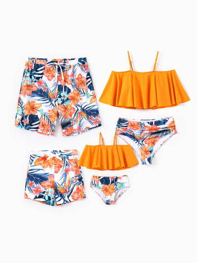 Toddler Girl Swimwear Tropical Floral Bikini Set with Ruffle Top for girls Bright Summer Beach Outfits Orange
