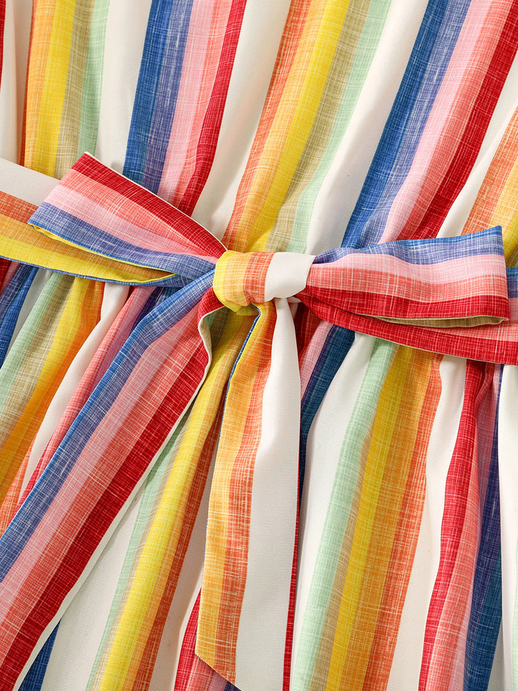 Family Matching Colorful Striped V Neck Flutter-sleeve Dresses and Short-sleeve T-shirts Sets COLOREDSTRIPES