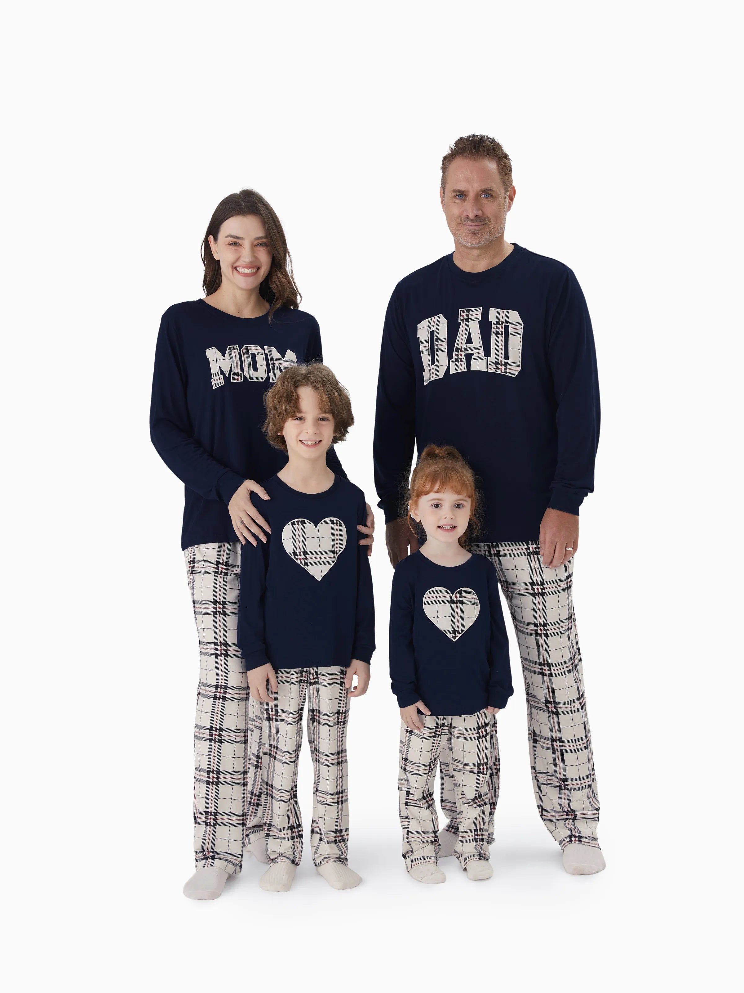 Family Matching School Grid Letter Print Patch Long Sleeve Pajamas Sets