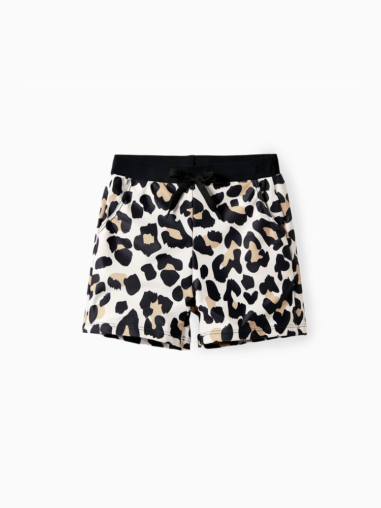 Toddler Boy Leopard Pattern Drawstring Swim Trunks Black