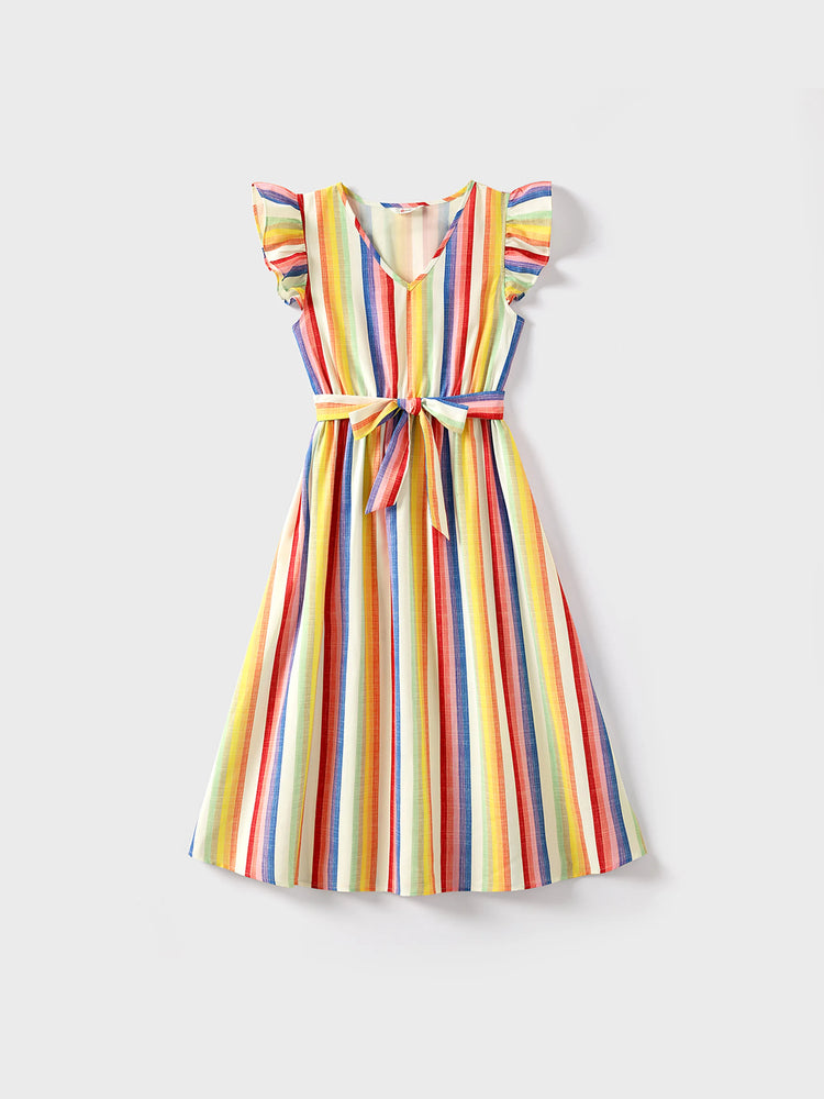 Family Matching Colorful Striped V Neck Flutter-sleeve Dresses and Short-sleeve T-shirts Sets COLOREDSTRIPES