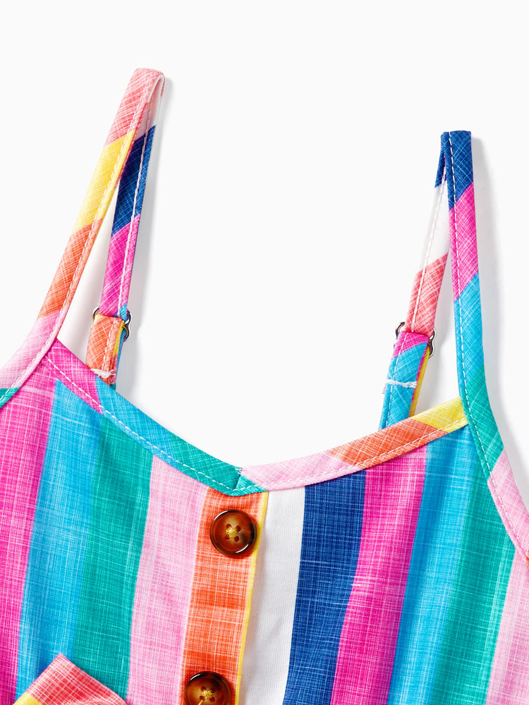 Family Matching Multi-Color Stripe T-shirt and Ruffle Hem Button Strap Dress Sets COLOREDSTRIPES