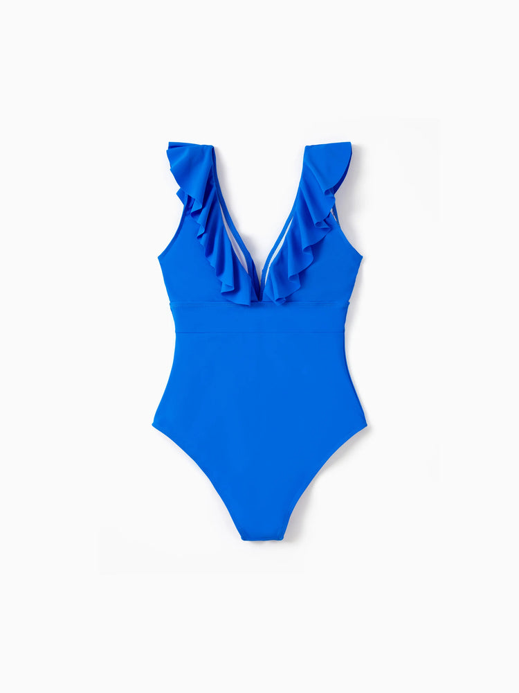 Family Matching Blue Ruffle One-piece Swimsuit or Swim Trunks Blue
