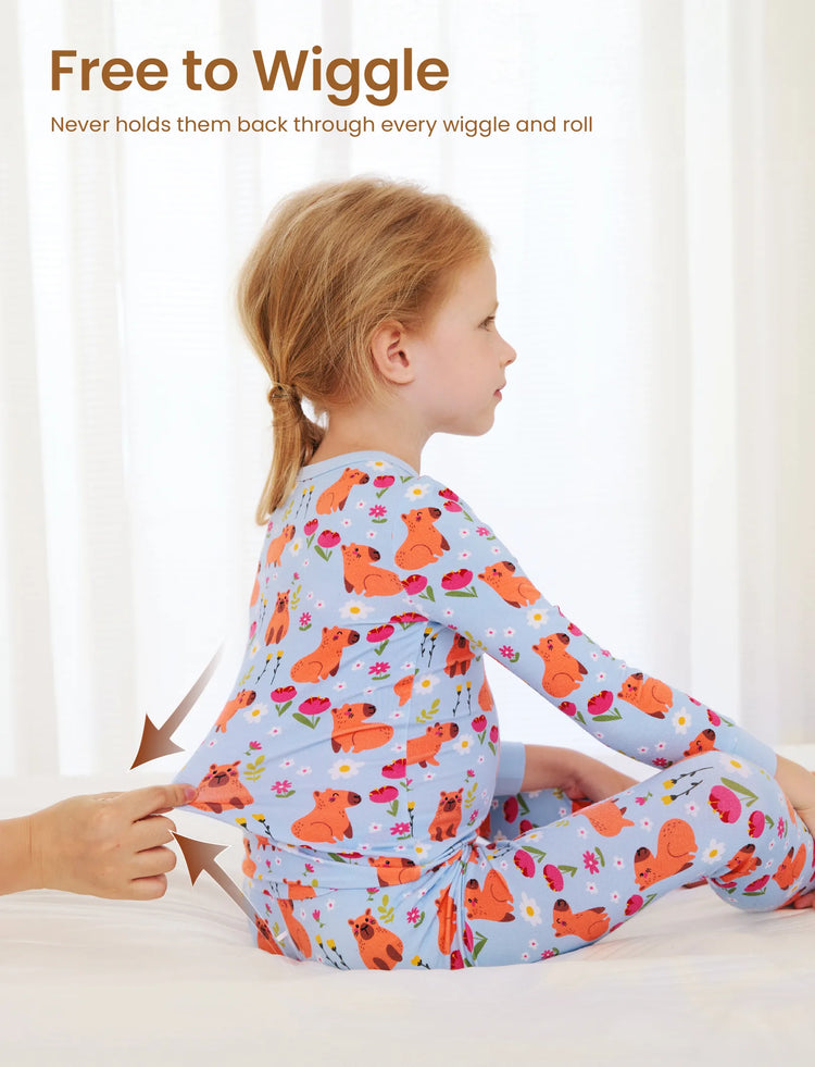 Pyjama de Noël/Halloween 2 pièces en bambou avec imprimé enfantin pour bébé/enfant (coupe ajustée) bleu