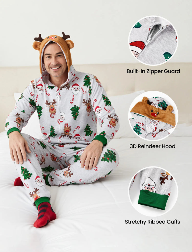 Grey Christmas Pajamas 3D Reindeer Pattern Zipper Onesies Matching Family Outfits Light Grey