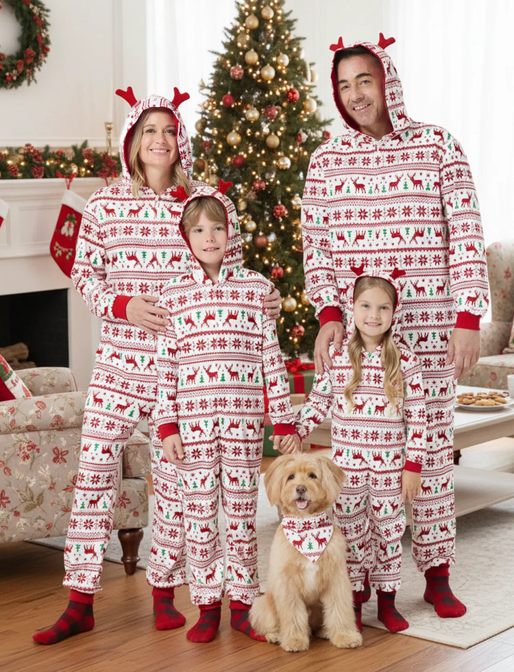 Christmas Matching Family Pajamas Set 3D Reindeer Hooded Allover Snowflake and Reindeer Print Red and White Onesie PJS with Christmas Socks Red+White