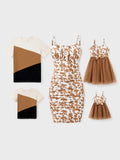 Family Matching Colorblock Cotton Tee or Flora Print Strap Body-con Dress or Mesh Splicing Dress Khaki