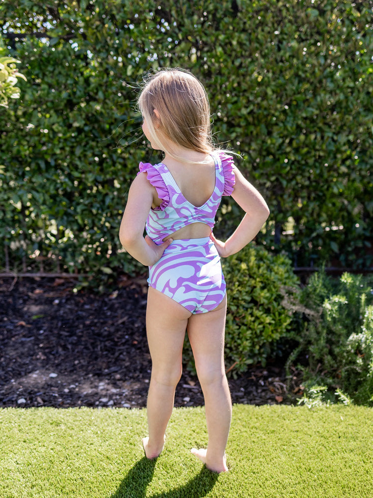 Family Matching Trendy Purple & Blue Wave Print Swim Trunks or Midriff Cutout One-Piece Swimsuit Purple