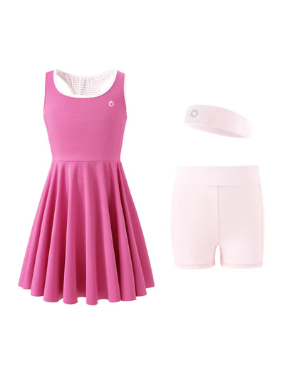 PatPat Rapidair activewear Kid Girl Tennis Dress with Headband & Bamboo Viscose Shorts with Pockets Hot Pink