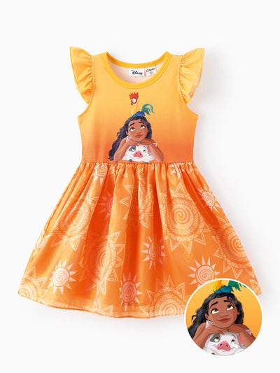 Robe en tulle à manches volantées et imprimé soleil Moana pour petite fille, princesse Disney, orange