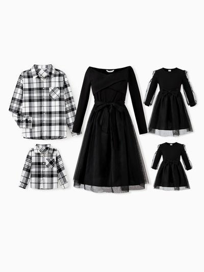 Ensembles familiaux assortis : chemise à carreaux noire ou robe élégante en tulle à épaules dénudées et croisée sur le devant