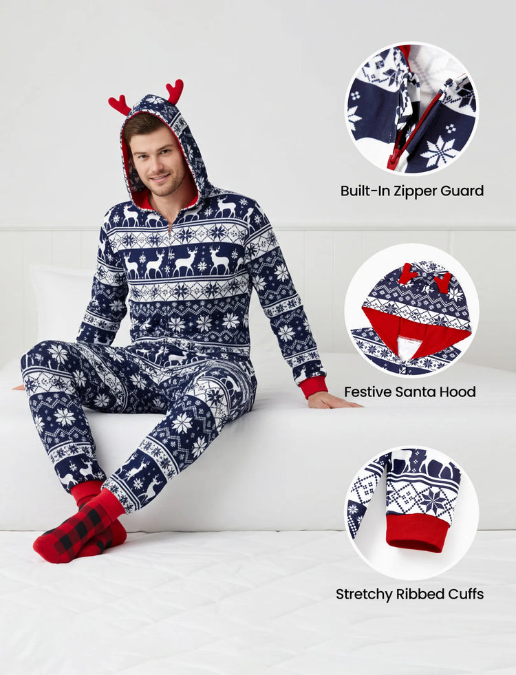 Christmas Matching Family Pajamas Set 3D Reindeer Hooded Allover Snowflake and Reindeer Print Dark Blue Onesie PJS with Christmas Socks blueblack