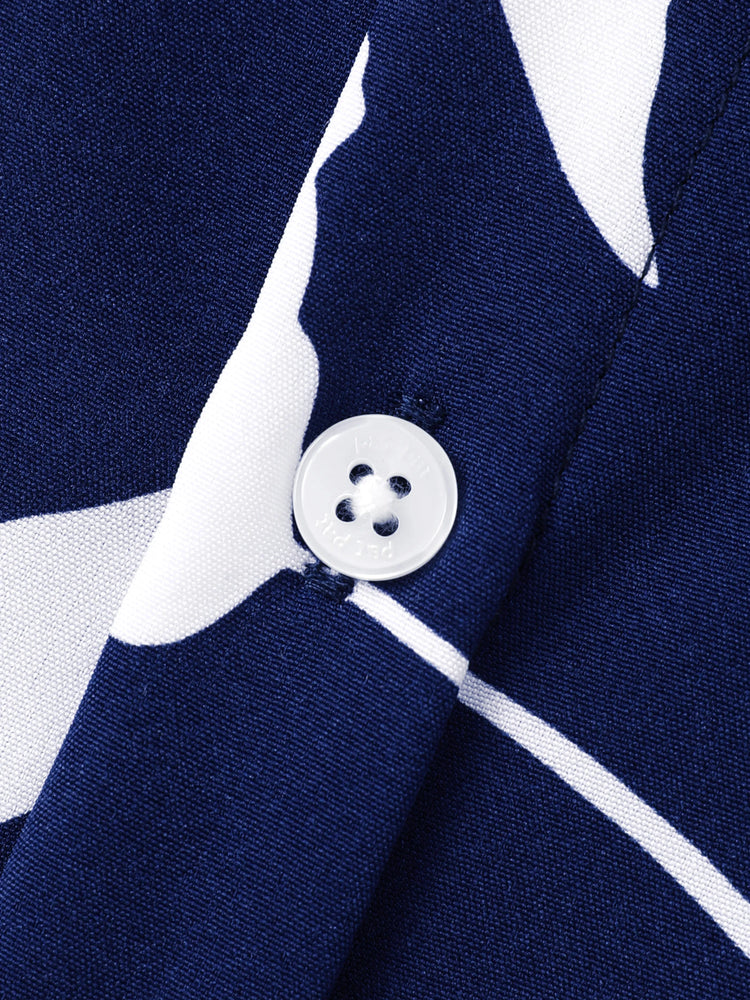 Ensemble familial assorti avec chemise à manches courtes ou robe froncée à imprimé feuilles bleu