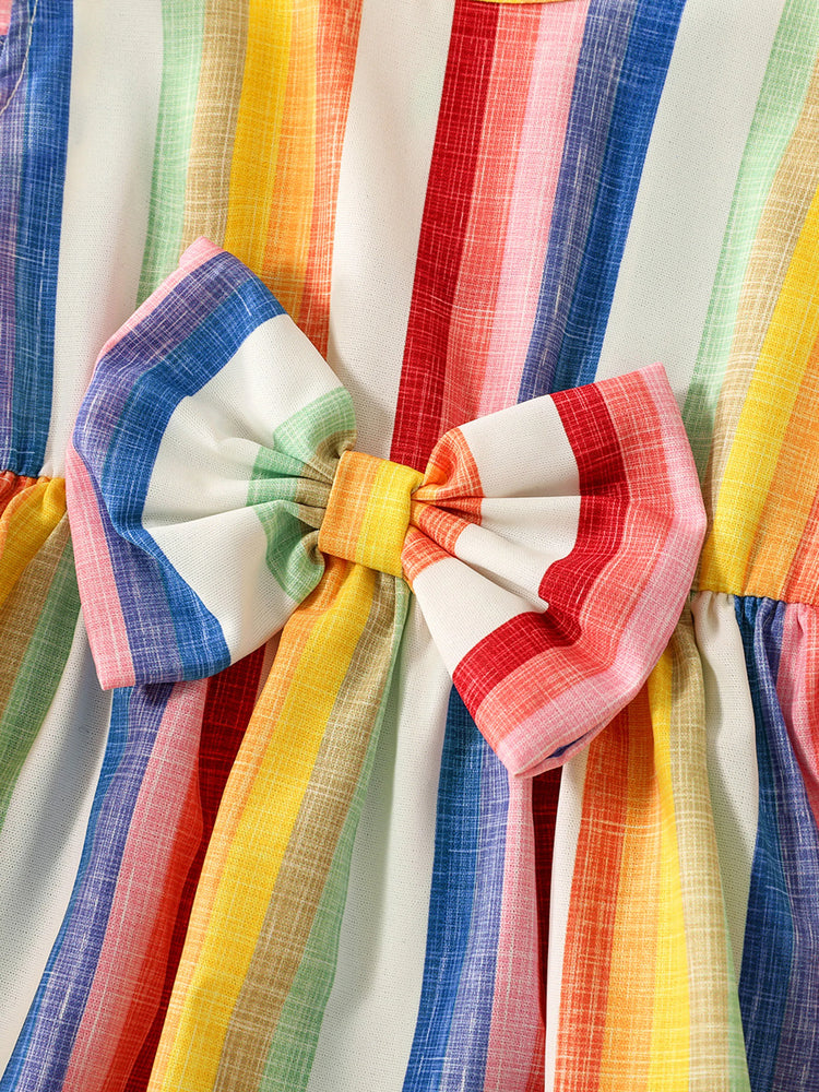 Family Matching Colorful Striped V Neck Flutter-sleeve Dresses and Short-sleeve T-shirts Sets COLOREDSTRIPES