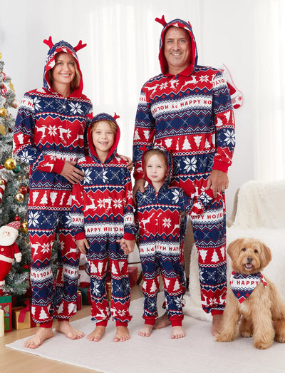 Christmas Matching Family Pajamas Set 3D Reindeer Hooded Allover Snowflake Print Red and Blue Onesie PJS with Christmas Socks Red-2
