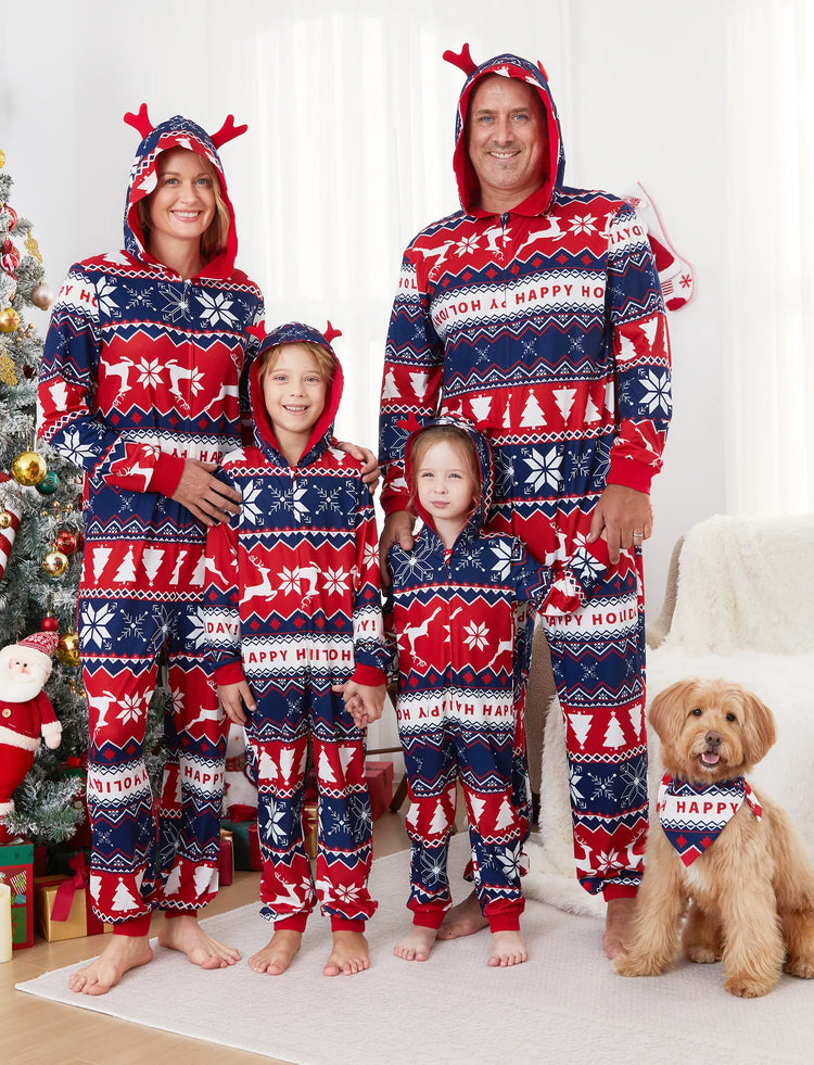 Christmas Matching Family Pajamas Set 3D Reindeer Hooded Allover Snowflake Print Red and Blue Onesie PJS with Christmas Socks Red-2