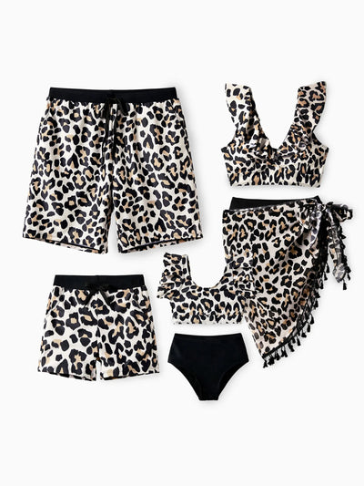 Family Matching Leopard Pattern Drawstring Swim Trunks or Ruffle Neck Two-Piece Bikini with Optional Cover Up Sarong Skirt Black