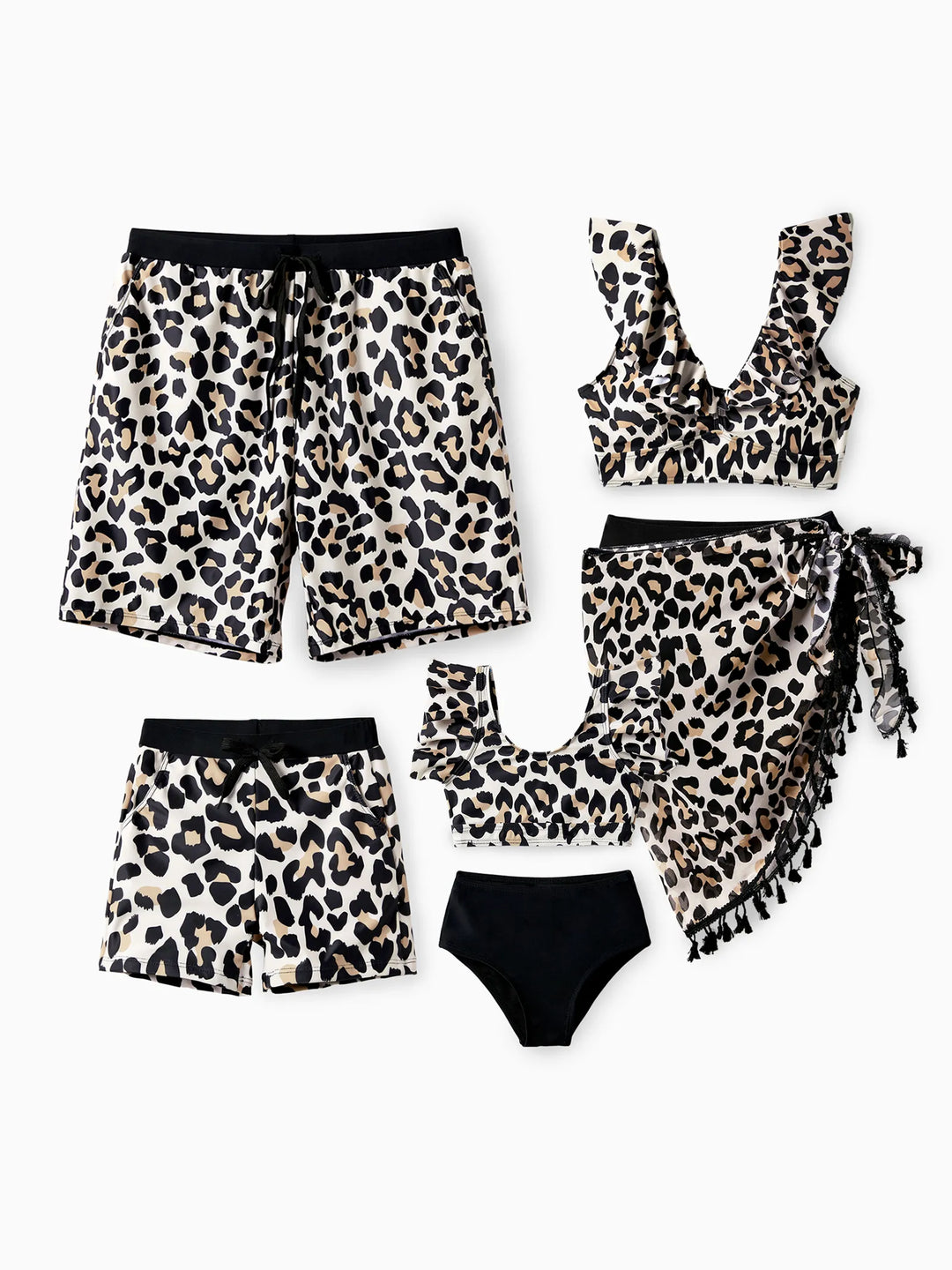 Mommy & me Leopard Pattern Drawstring Ruffle Neck Two-Piece Bikini with Optional Cover Up Sarong Skirt Black