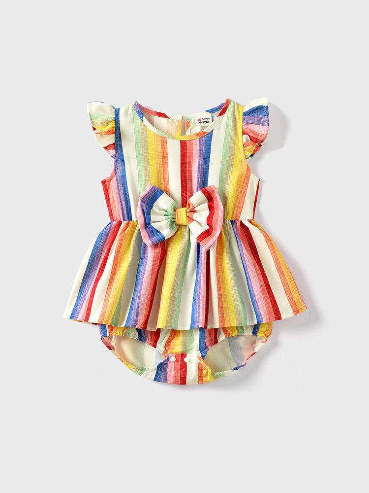 Family Matching Colorful Striped V Neck Flutter-sleeve Dresses and Short-sleeve T-shirts Sets COLOREDSTRIPES