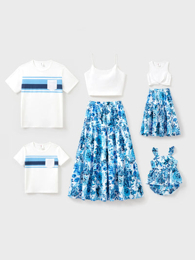 Tenues familiales assorties : ensemble caraco blanc et jupe à imprimé floral bleu ou t-shirt à manches courtes colorblock bleu