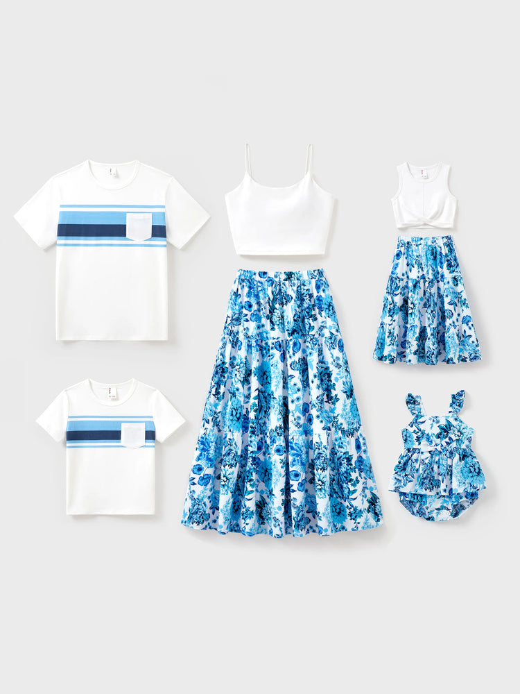 Mommy & me Outfits White Camisole Top and Blue Floral Print Skirt Co-ord Set Blue
