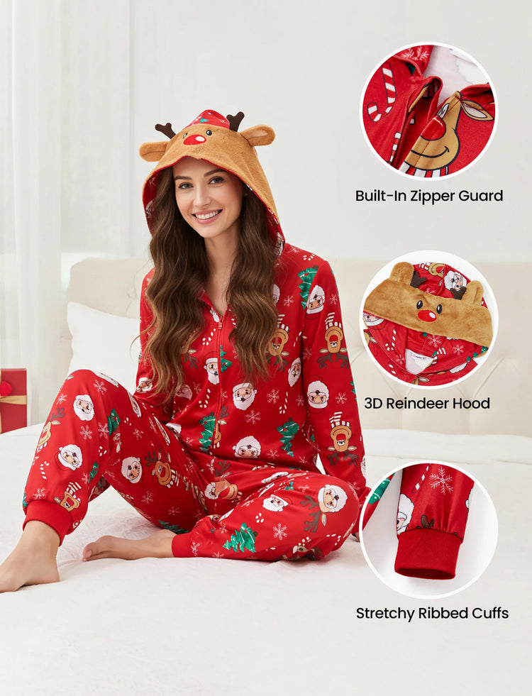 Christmas Family Pajamas Sets 3D Reindeer Hooded Allover Print Onesies Pajamas Red-2