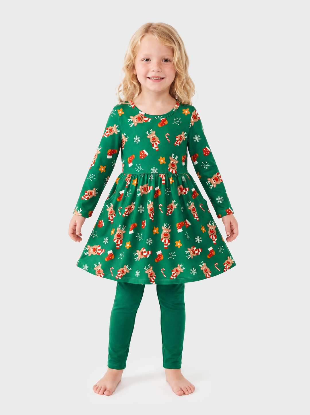 Christmas Toddler Girl Long Sleeve Dress & Leggings Set Green