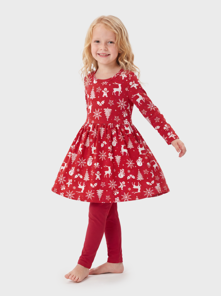 Christmas Toddler Girl Long Sleeve Dress & Leggings Set Red