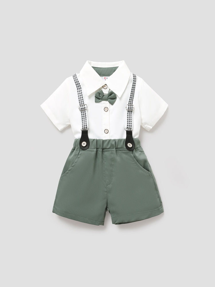 Baby Boy Party Gentle Bow Tie Shirt and Suspender Shorts Set White