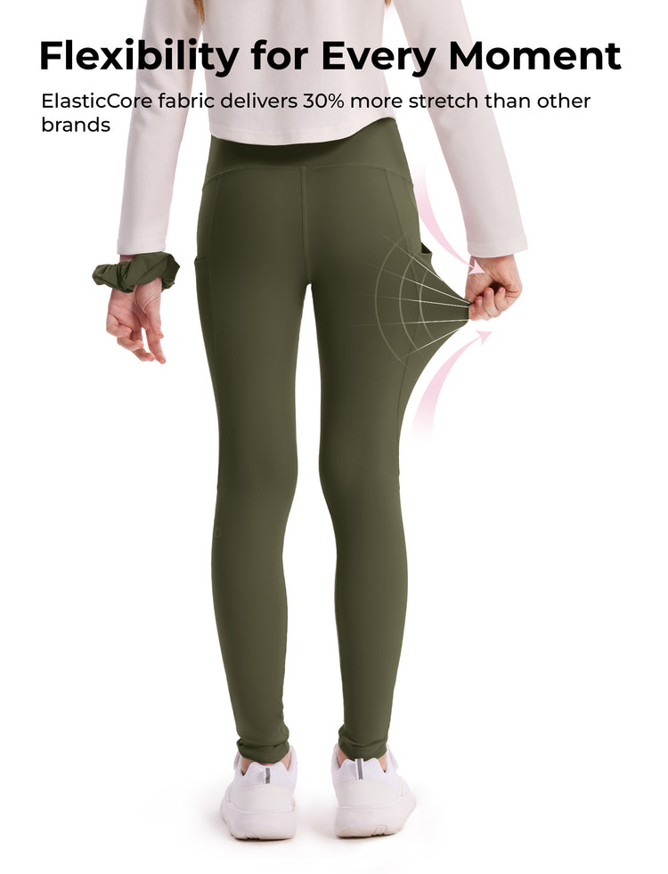 Girl's Leggings High-Waist Yoga Pants Solid Color Leggings with Complimentary Matching Scrunchie Army green