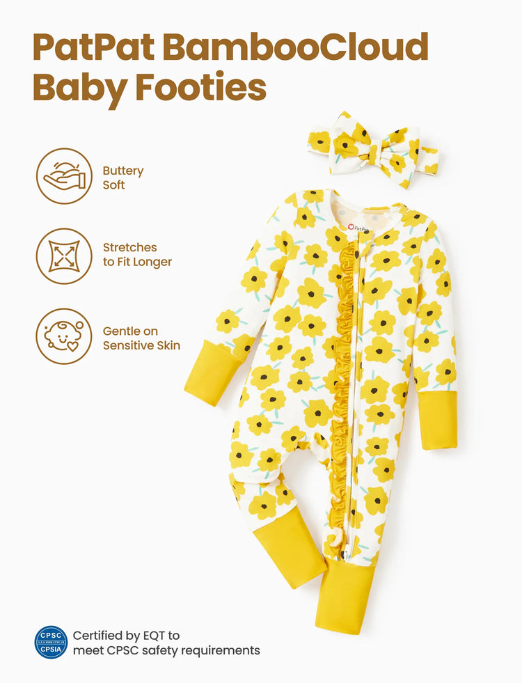 Bamboo Baby Boy/Girl Animal Printed 2-Way Zipper Anti Slip Long-sleeve Footie with/without Hairband Yellow
