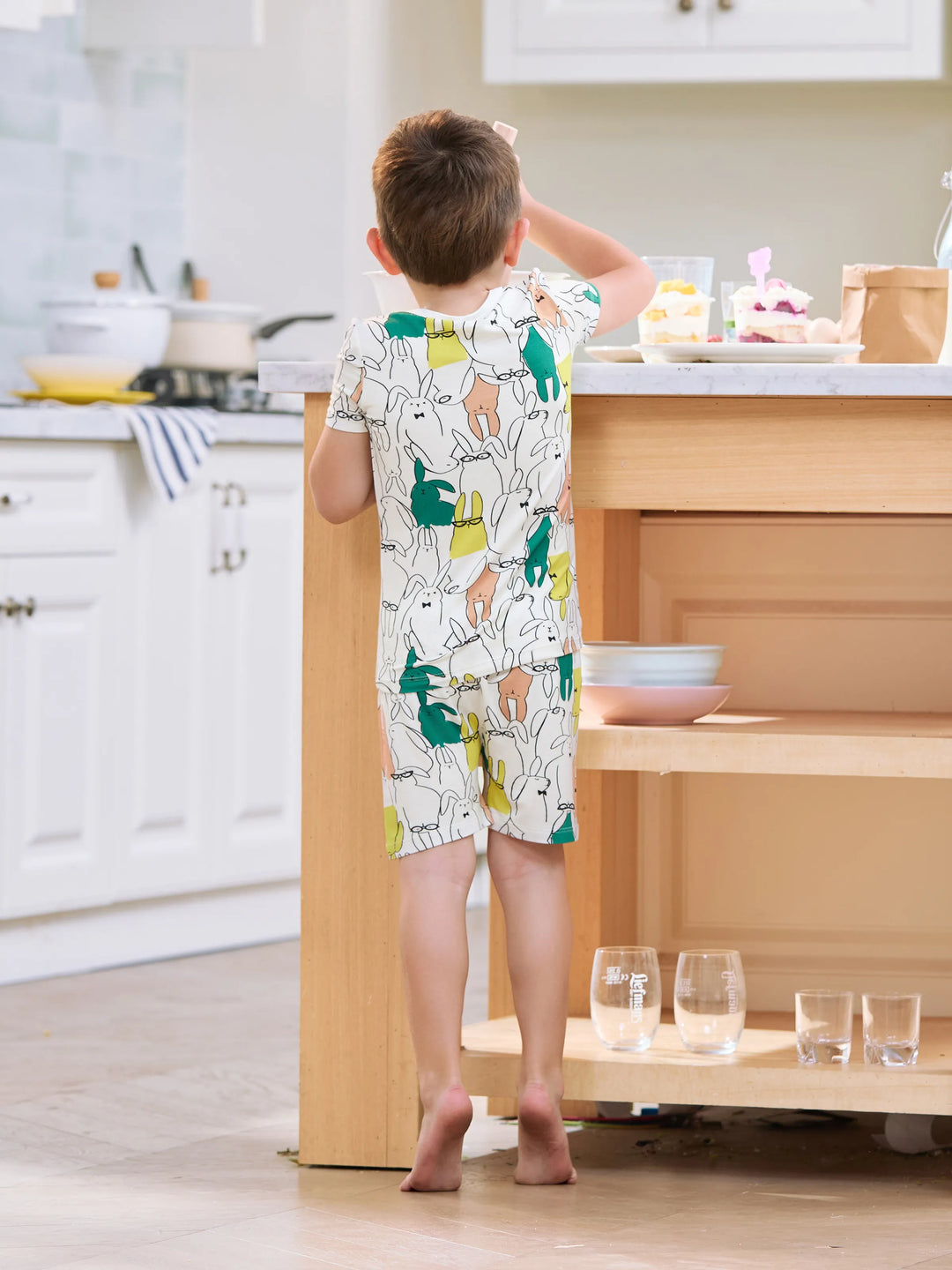 Pyjamas famille Bamboo à manches courtes assortis avec imprimé lapin (ajusté pour enfants) Blanc