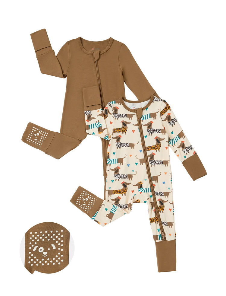 Pack de 2 calcetines de bambú para bebé niño/niña, antideslizantes, con cremallera bidireccional y estampado de abejas, color café