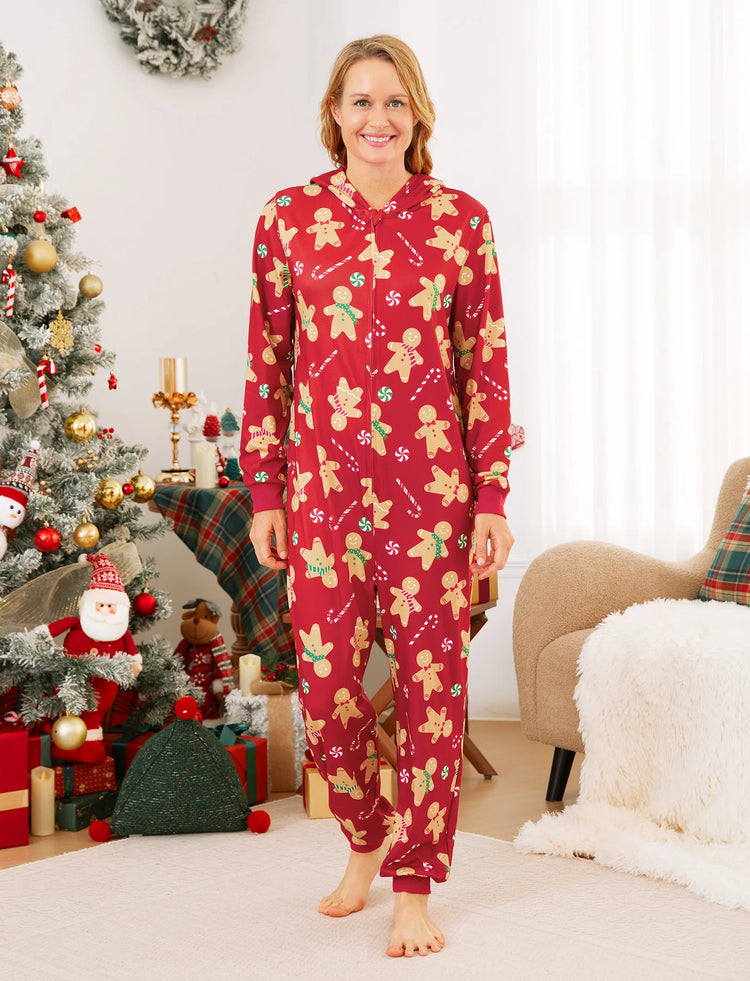 Christmas Family Matching Pajamas Sets Gingerbread Man Pattern Onesies Red-2