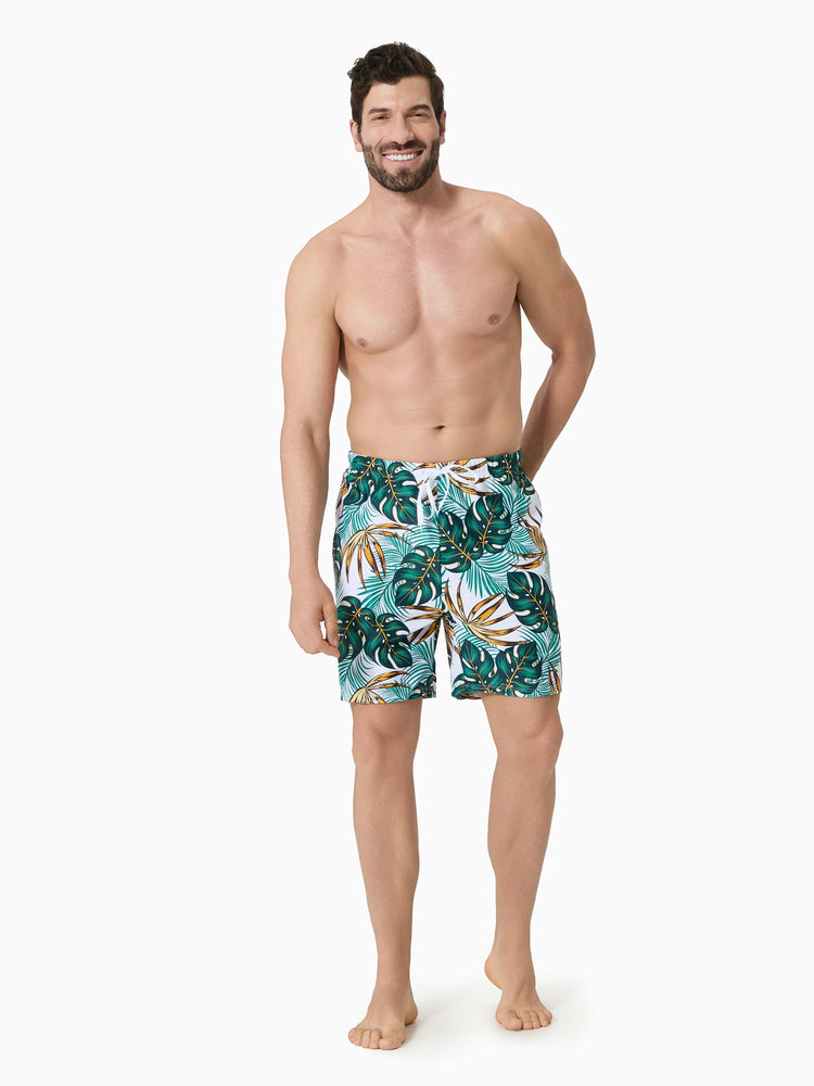Family Matching Allover Plants Print Swim Trunks Shorts and V Neck Spaghetti Strap Splicing One-Piece Swimsuit Dark Green