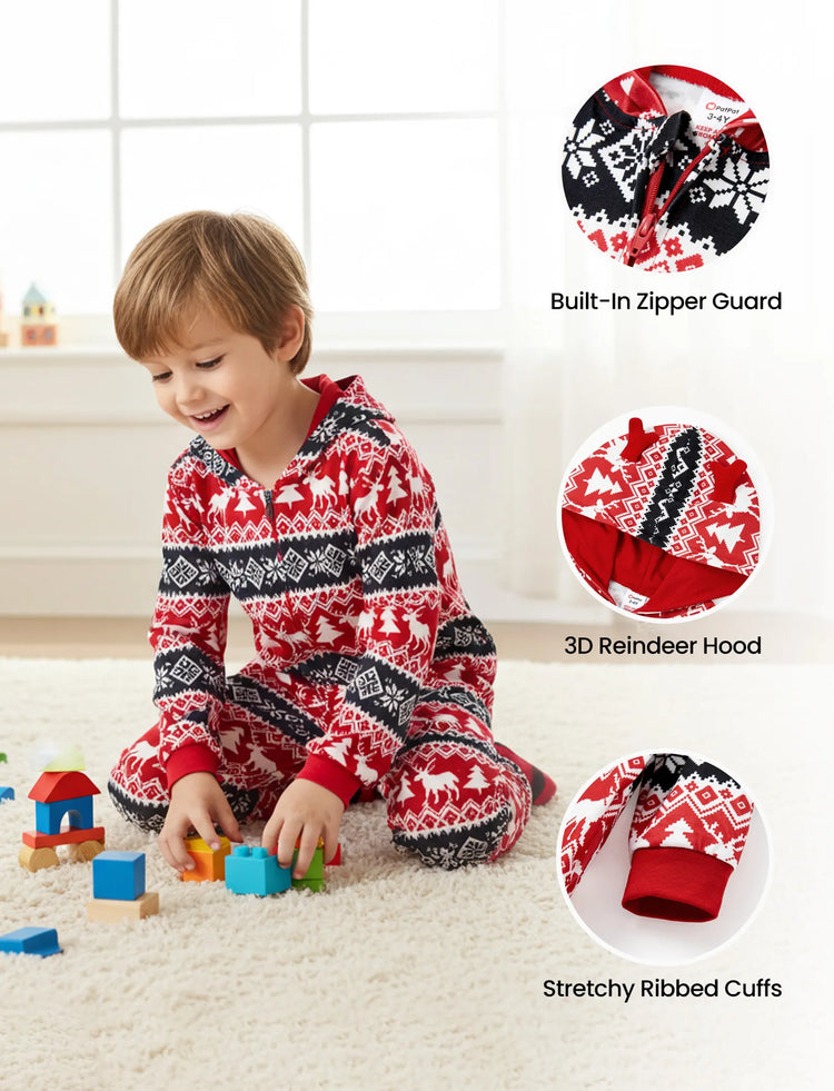 Christmas Matching Family Pajamas Set 3D Reindeer Hooded Allover Snowflake Print Onesie PJS with Christmas Socks red/black