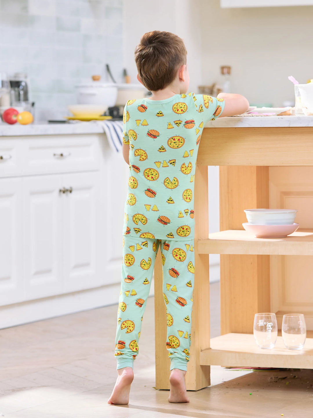 Pijama familiar de bambú verde menta con estampado de dibujos animados de comida, manga corta y pantalones largos, conjunto de pijama a juego (ajuste ceñido para niños), azul claro