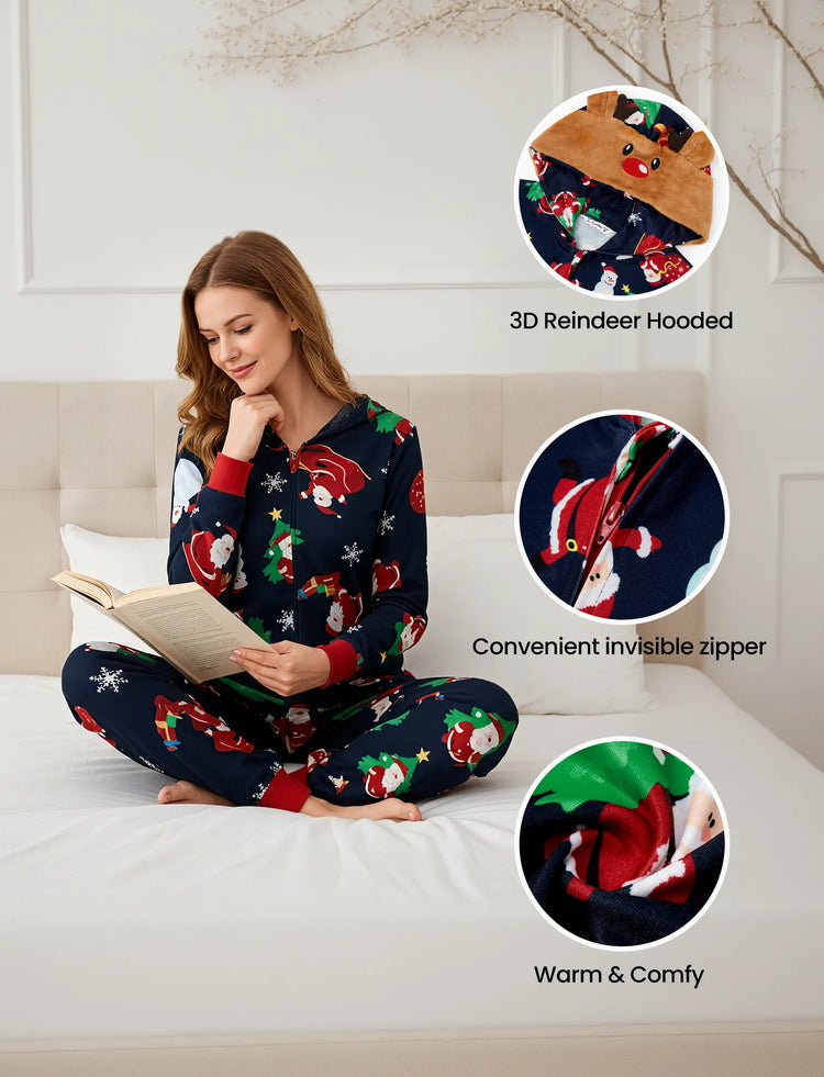 Green Christmas Family Pajamas Sets 3D Reindeer Hooded Santa Allover Print Onesies Pajamas blueblack