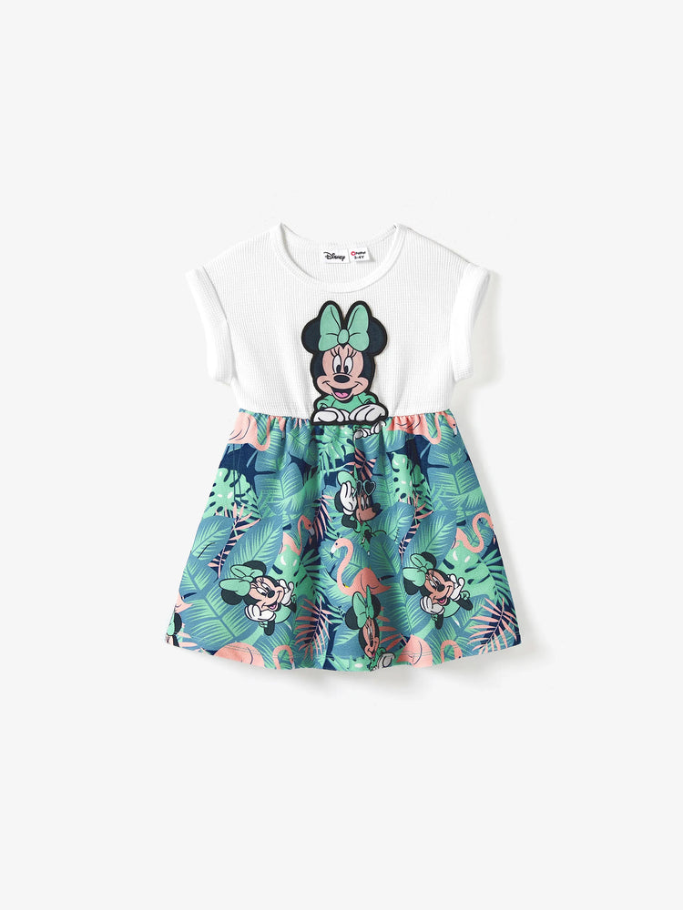 Disney Mickey and Friends Mommy & me Tropical Botanical Print Waffle Fabric Dress greenwhite