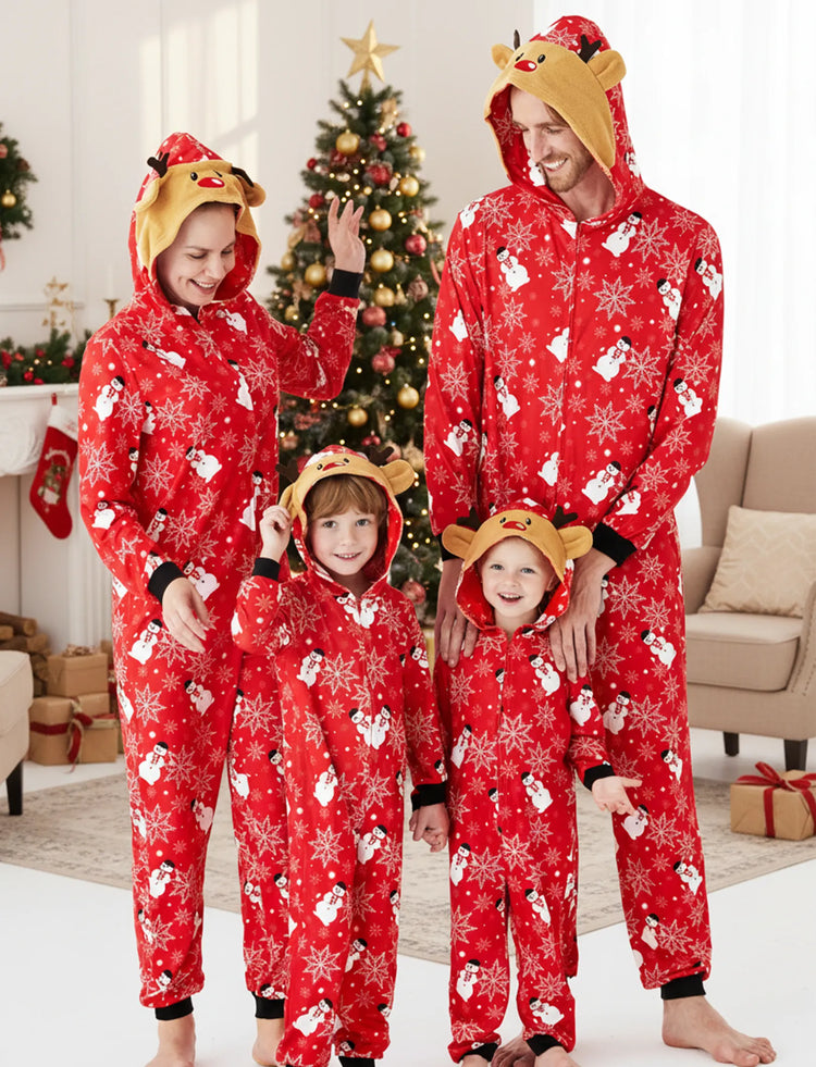 Christmas Matching Family Pajamas Set 3D Reindeer Hooded Allover Reindeer Print Onesie PJS with Christmas Socks Red
