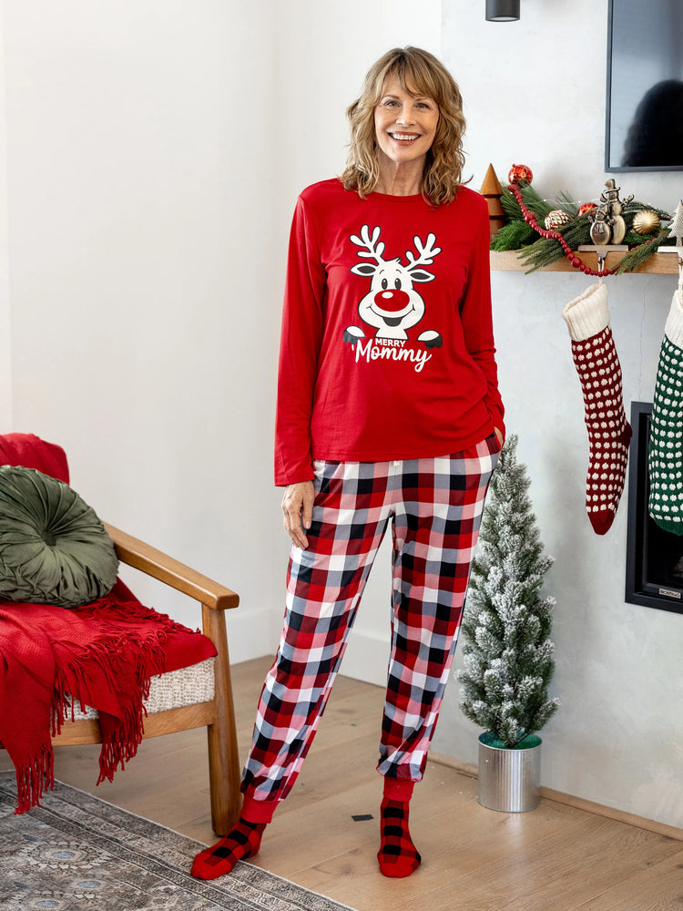 Weihnachten Passender Familienpyjama Set Glow In The Dark Rentier Print PJS mit Weihnachtssocken rot